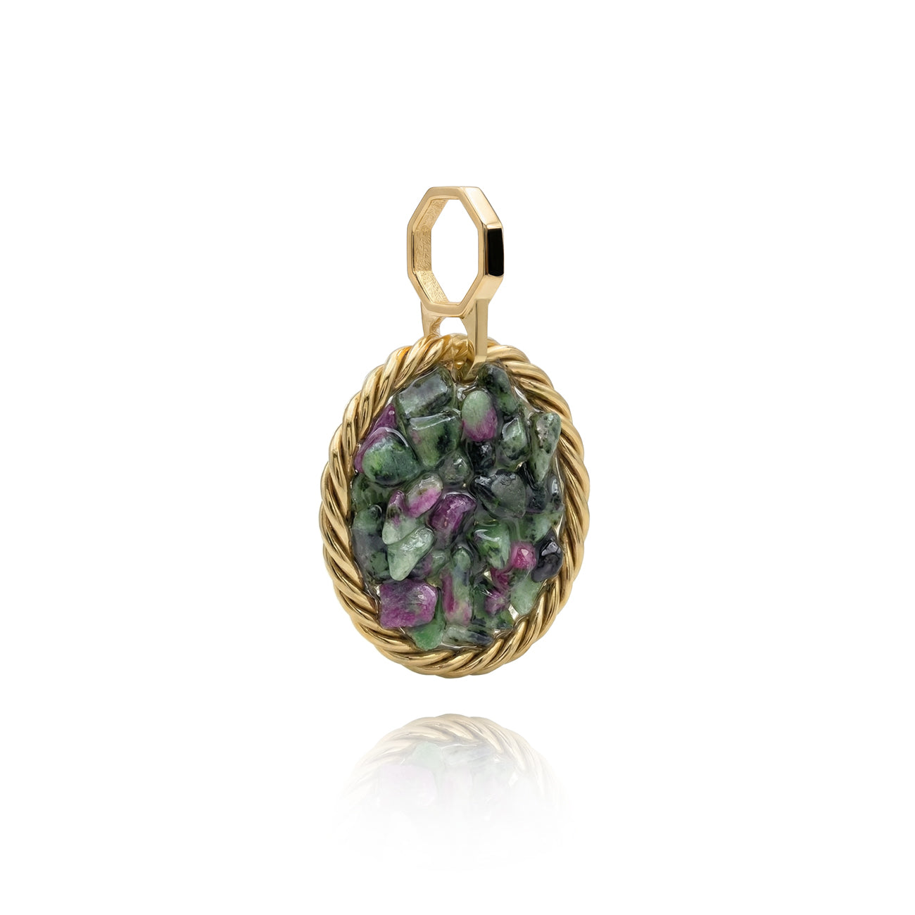Miedziany amulet tensorowy z zoizytem z rubinem, pozłacany – naturalny kamień ochronny, ROYAL TERRA