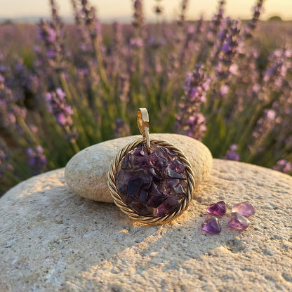 Miedziany amulet tensorowy z ametystem, pozłacany – naturalny kamień ochronny, ROYAL TERRA