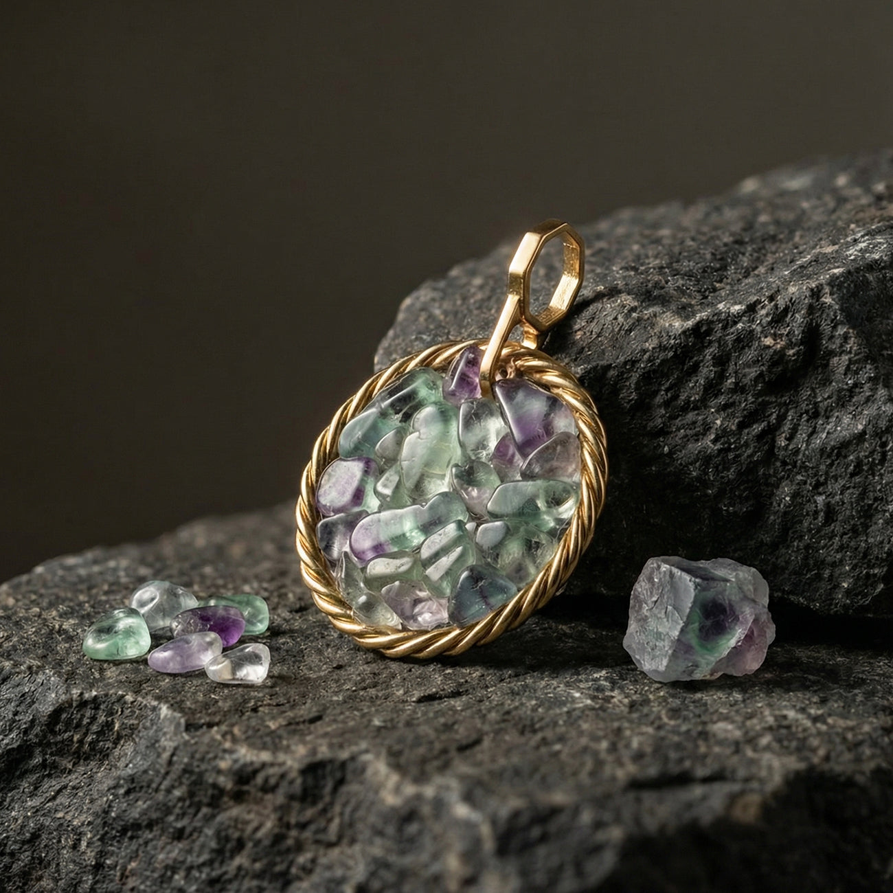 Miedziany amulet tensorowy z fluorytem, pozłacany – naturalny kamień ochronny, ROYAL TERRA