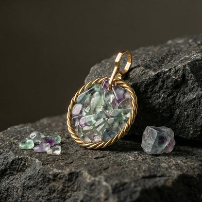 Miedziany amulet tensorowy z fluorytem, pozłacany – naturalny kamień ochronny, ROYAL TERRA
