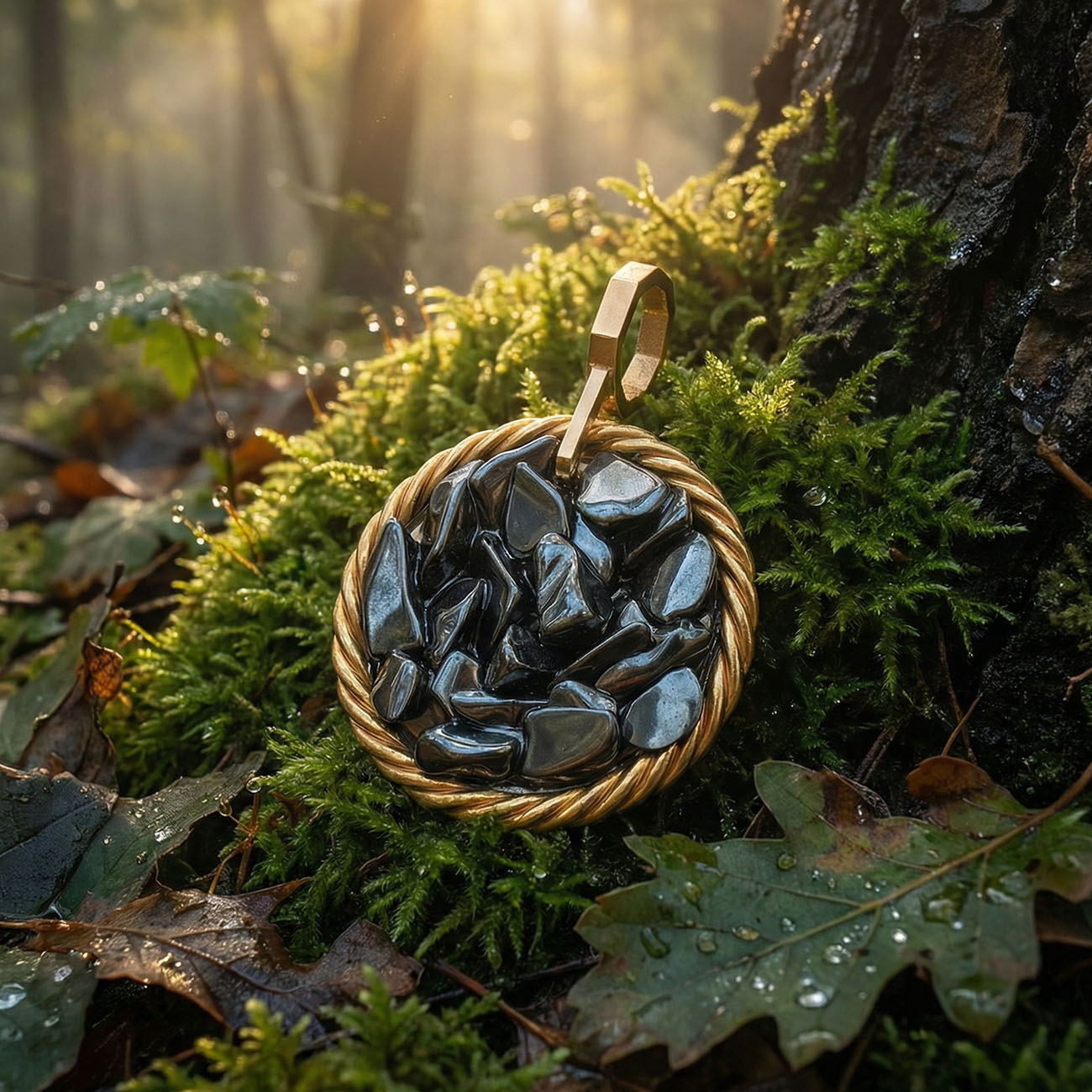 Miedziany amulet tensorowy z hematytem, pozłacany – naturalny kamień ochronny, ROYAL TERRA