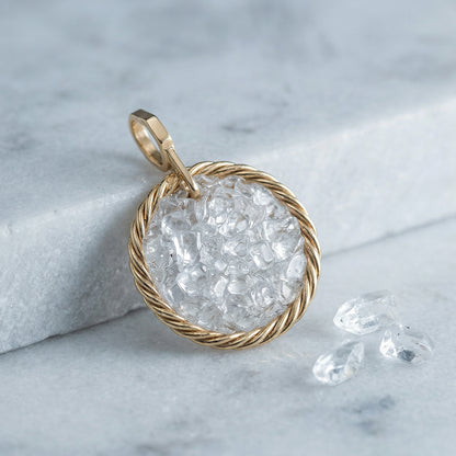 Miedziany amulet tensorowy z kryształem górskim, pozłacany – naturalny kamień ochronny, ROYAL TERRA