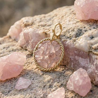 Miedziany amulet tensorowy z kwarcem różowym, pozłacany – naturalny kamień ochronny, ROYAL TERRA