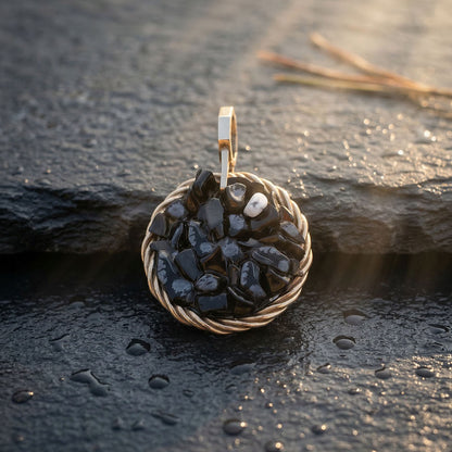 Miedziany amulet tensorowy z obsydianem śnieżnym, pozłacany – naturalny kamień ochronny, ROYAL TERRA