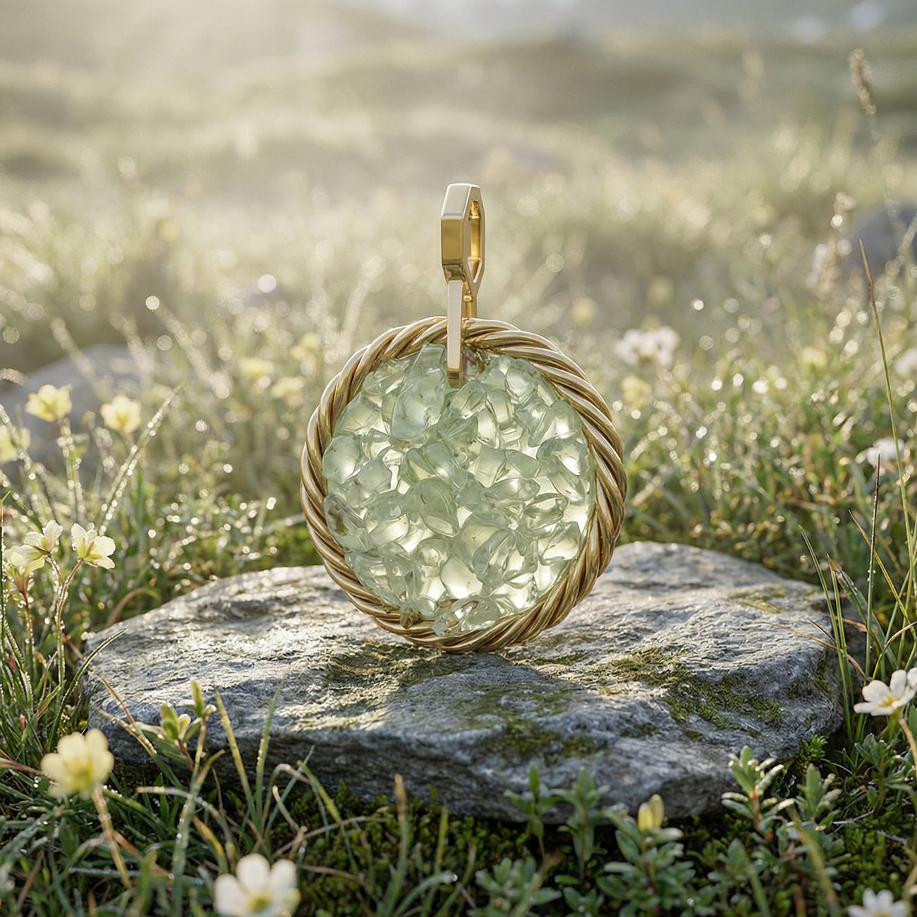 Miedziany amulet tensorowy z prehnitem, pozłacany – naturalny kamień ochronny, ROYAL TERRA