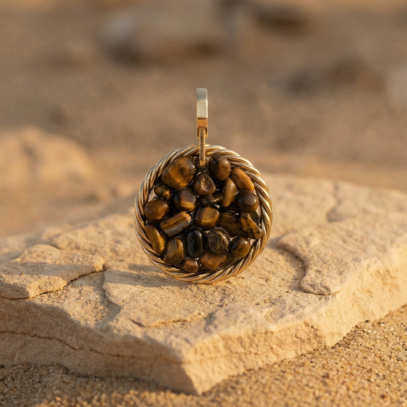 Miedziany amulet tensorowy z tygrysim okiem, pozłacany – naturalny kamień ochronny, ROYAL TERRA