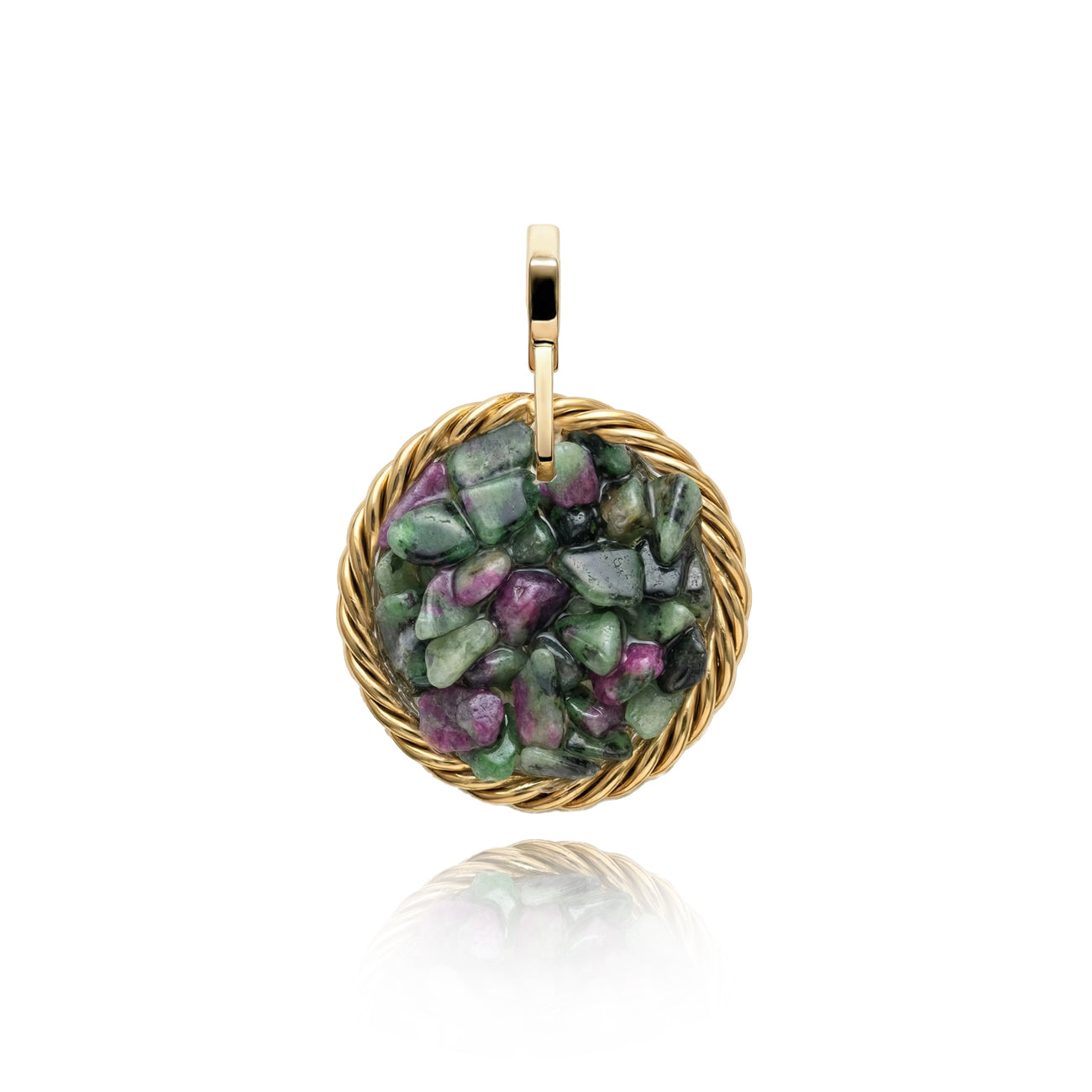 Miedziany amulet tensorowy z zoizytem z rubinem, pozłacany – naturalny kamień ochronny, ROYAL TERRA