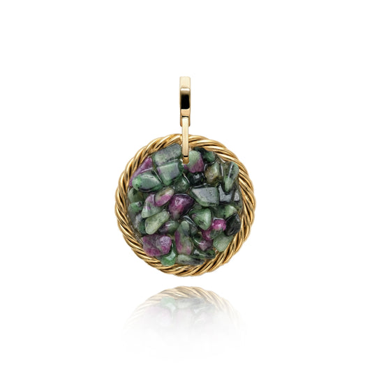 Miedziany amulet tensorowy z zoizytem z rubinem, pozłacany – naturalny kamień ochronny, ROYAL TERRA