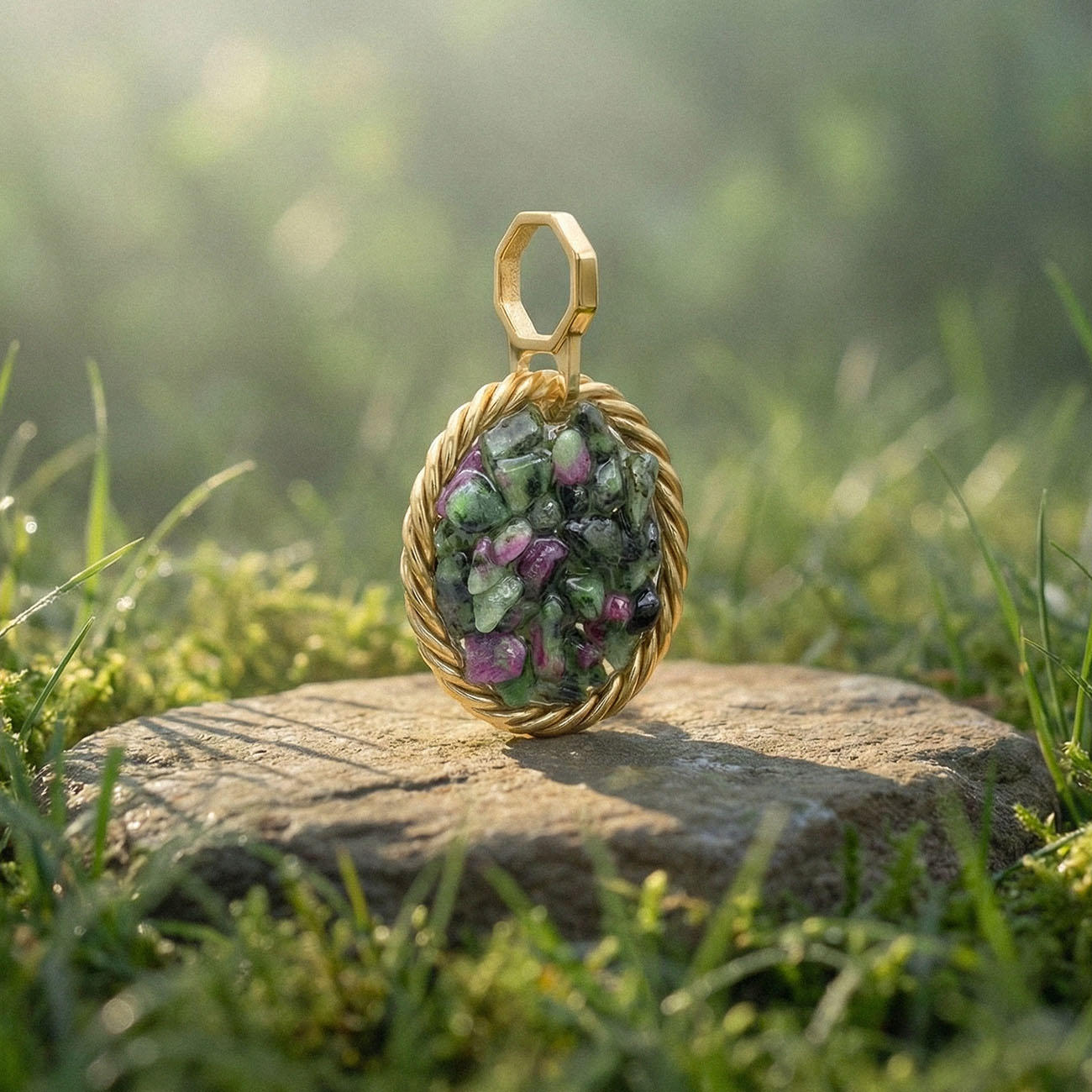 Miedziany amulet tensorowy z zoizytem z rubinem, pozłacany – naturalny kamień ochronny, ROYAL TERRA