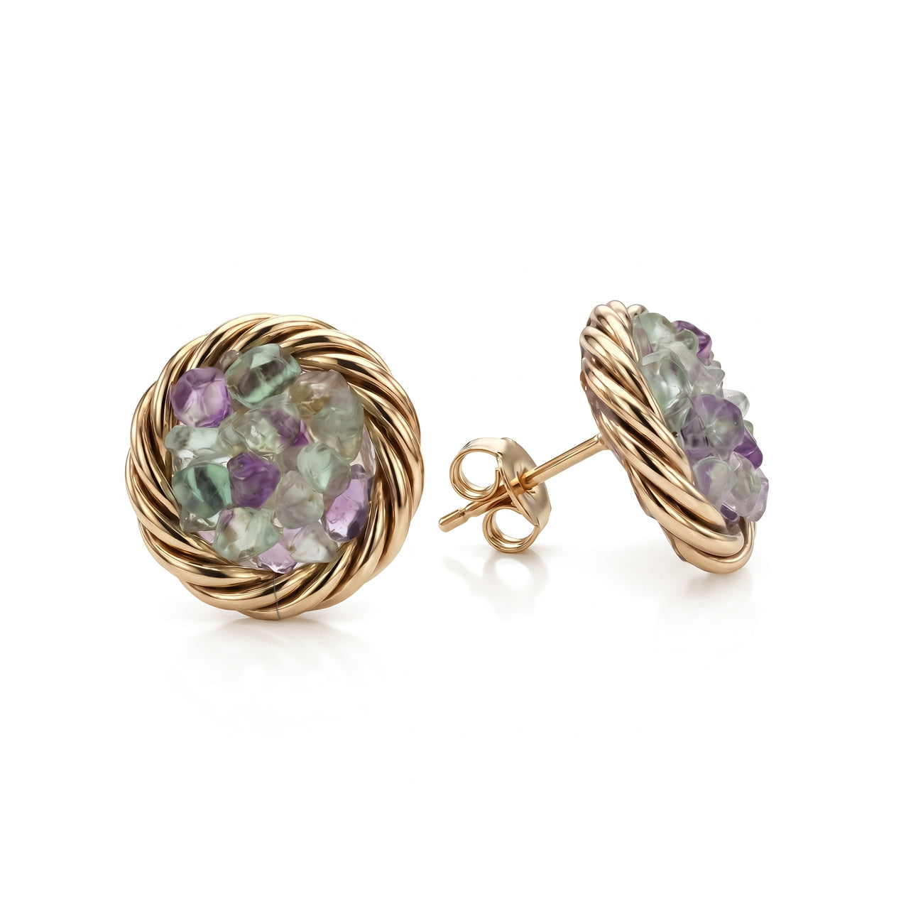 Miedziane kolczyki tensorowe pozłacane z naturalnym fluorytem – VEL LEES