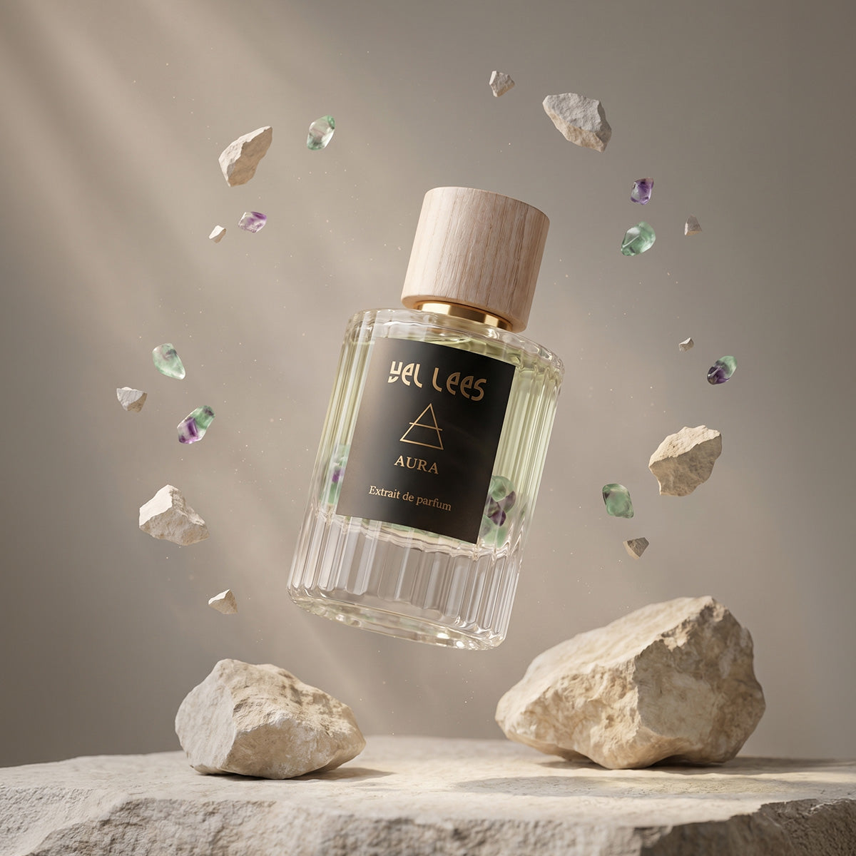 Perfumy VEL LEES Aura – Fluoryt, extrait de parfum 50 ml – minimalistyczny flakon z naturalnym korkiem, harmonijna kompozycja z nutami irysa, drzewa sandałowego i ambry o spokojnym, czystym charakterze.