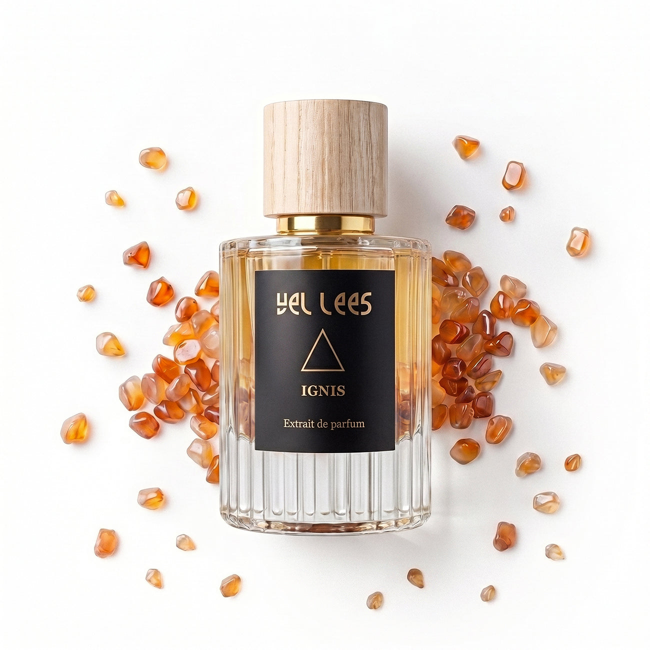 Perfumy VEL LEES Ignis – Ogień Karneolu, extrait de parfum 50 ml – elegancki flakon z naturalnym korkiem, intensywna ambrowo-drzewna kompozycja o ciepłym, zmysłowym charakterze.