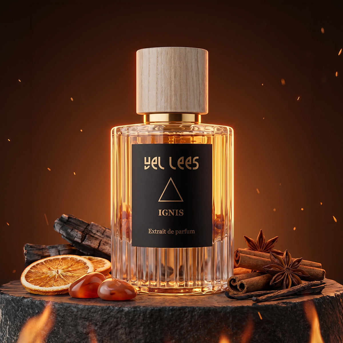 Perfumy VEL LEES Ignis – Ogień Karneolu, extrait de parfum 50 ml – elegancki flakon z naturalnym korkiem, intensywna ambrowo-drzewna kompozycja o ciepłym, zmysłowym charakterze.