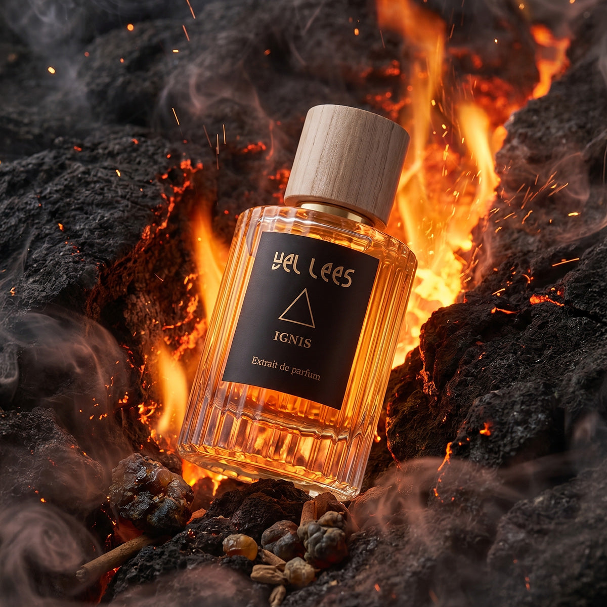 Perfumy VEL LEES Ignis – Ogień Karneolu, extrait de parfum 50 ml – elegancki flakon z naturalnym korkiem, intensywna ambrowo-drzewna kompozycja o ciepłym, zmysłowym charakterze.